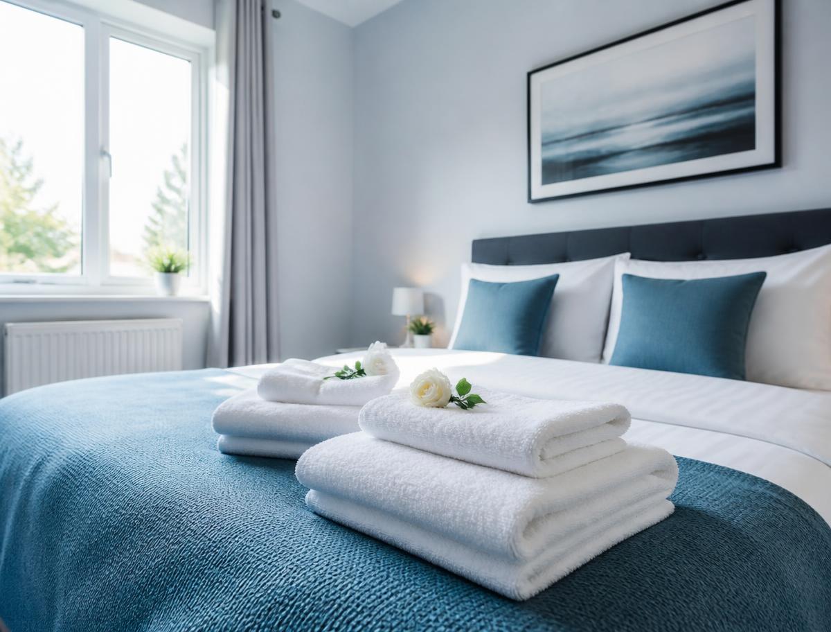 Freshly staged Airbnb bedroom with folded towels
